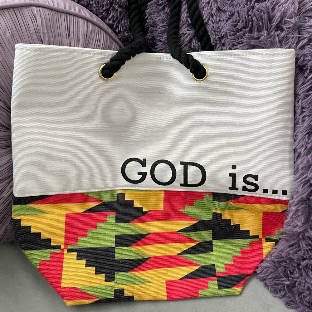 Custom tote “God is…” with African print in canvas with black rope handles
